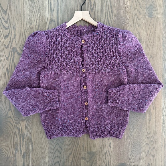 Vintage Hand Knit Wool Puff Sleeve Cardigan Sweater in Purple Blue Melange Small - Picture 6 of 9